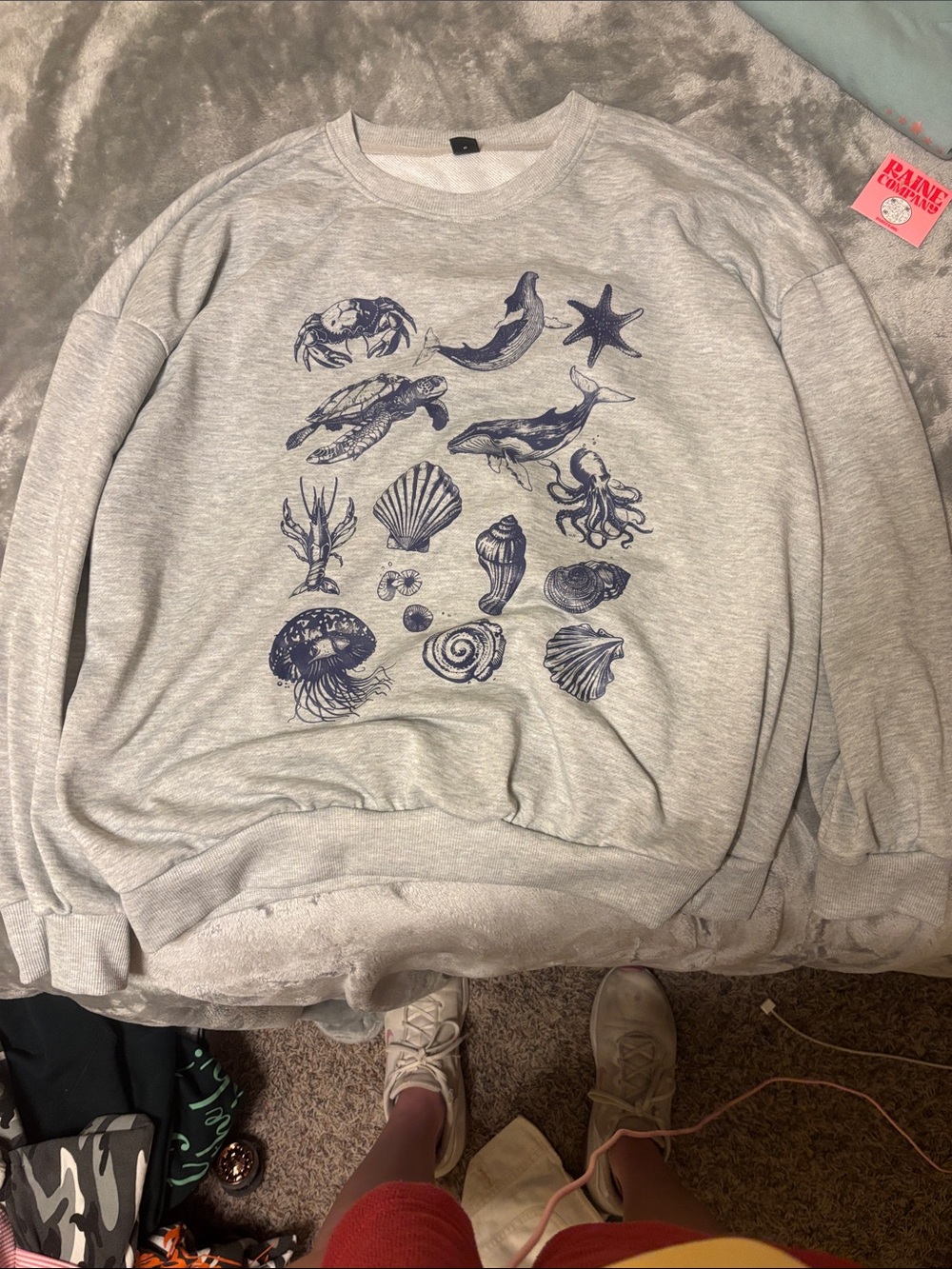 SHEIN Light Gray Crewneck Sweatshirt with Navy Sea Life Print